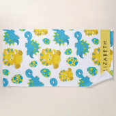恐竜のパターン、可愛い恐竜、あなたの名前 ビーチタオル (正面)