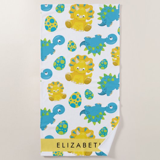 恐竜のパターン、可愛い恐竜、あなたの名前 ビーチタオル (正面)
