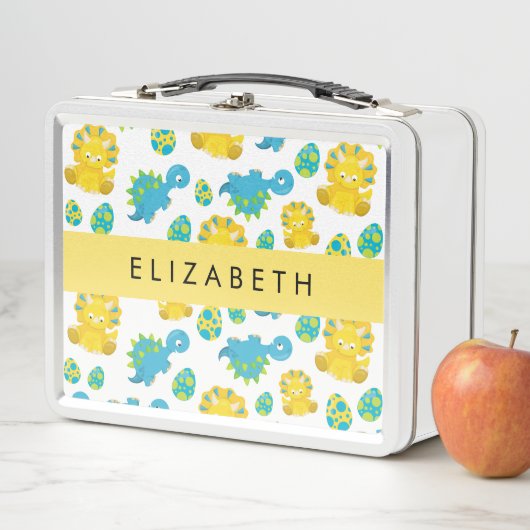 恐竜のパターン、可愛い恐竜、あなたの名前 メタルランチボックス (インサイチュ)