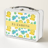 恐竜のパターン、可愛い恐竜、あなたの名前 メタルランチボックス (正面)