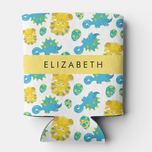 恐竜のパターン、可愛い恐竜、あなたの名前 缶クーラー (裏面)