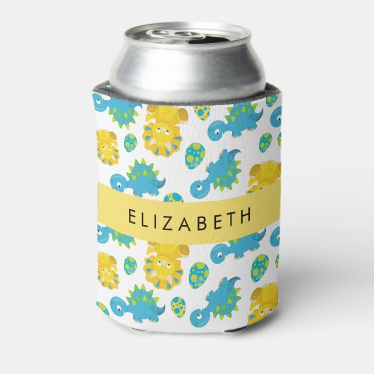 恐竜のパターン、可愛い恐竜、あなたの名前 缶クーラー (缶裏面)