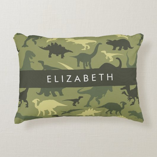 恐竜のパターン、恐竜のシルエット、あなたの名前 アクセントクッション (正面)
