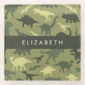 恐竜のパターン、恐竜のシルエット、あなたの名前 ガラスコースター (正面)