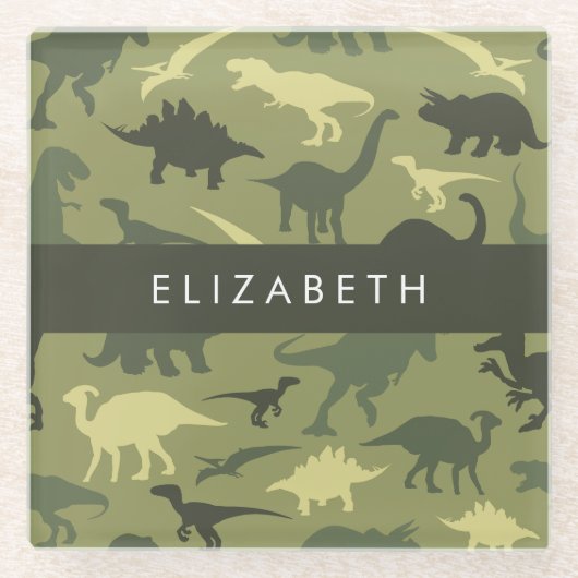 恐竜のパターン、恐竜のシルエット、あなたの名前 ガラスコースター (正面)
