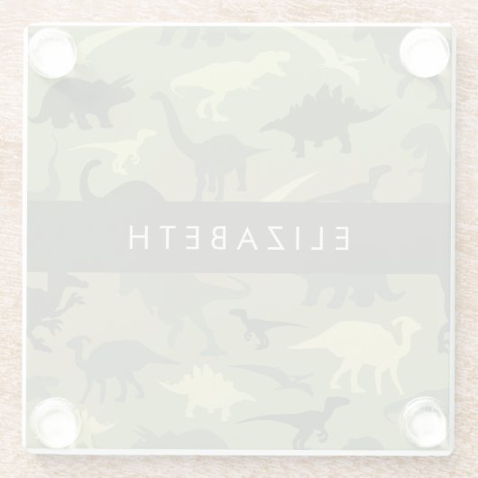 恐竜のパターン、恐竜のシルエット、あなたの名前 ガラスコースター (裏面)