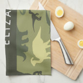 恐竜のパターン、恐竜のシルエット、あなたの名前 キッチンタオル (四つ折り)