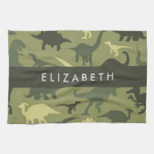 恐竜のパターン、恐竜のシルエット、あなたの名前 キッチンタオル (横)