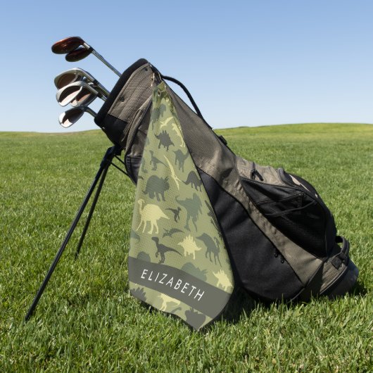 恐竜のパターン、恐竜のシルエット、あなたの名前 ゴルフタオル (グリーン)