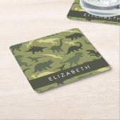 恐竜のパターン、恐竜のシルエット、あなたの名前 スクエアペーパーコースター (アングル)