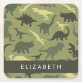 恐竜のパターン、恐竜のシルエット、あなたの名前 スクエアペーパーコースター (正面)