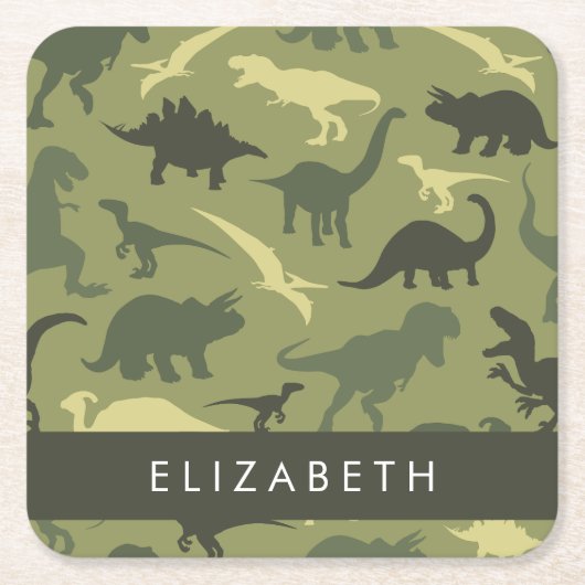 恐竜のパターン、恐竜のシルエット、あなたの名前 スクエアペーパーコースター (正面)