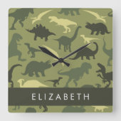 恐竜のパターン、恐竜のシルエット、あなたの名前 スクエア壁時計 (正面)