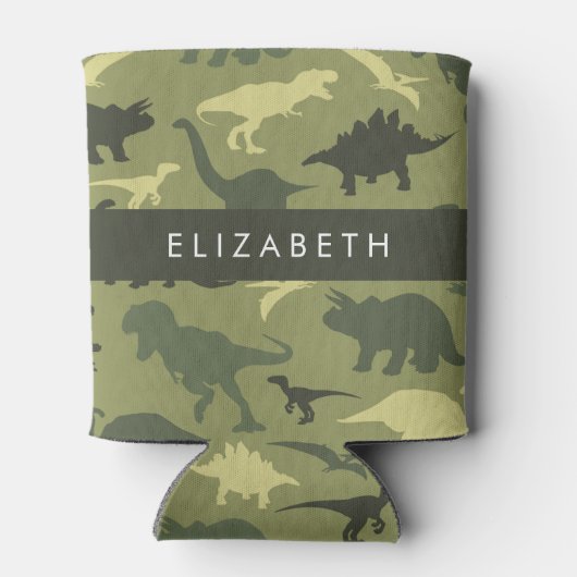 恐竜のパターン、恐竜のシルエット、あなたの名前 缶クーラー (裏面)