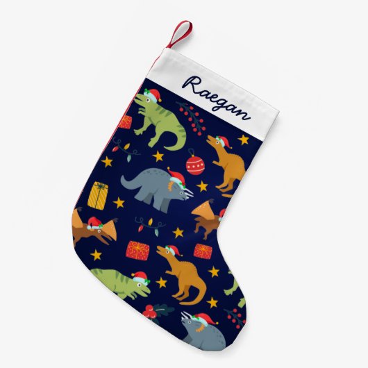 恐竜のパーソナライズされたブルーカワイイクリスマスパターン スモールクリスマスストッキング (正面 (吊り時))