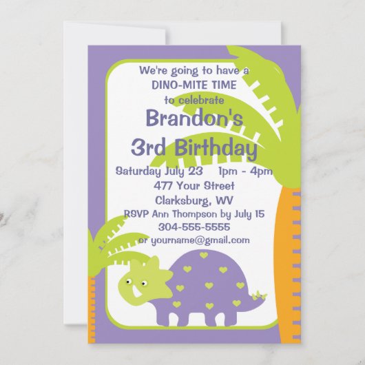 恐竜のパーソナライズされた誕生パーティー 招待状 (正面)
