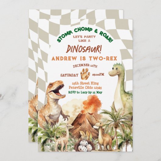 恐竜のパーティーのようなヴィンテージ少年の誕生日 招待状 (正面/裏面)