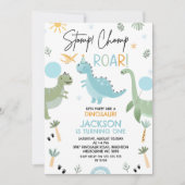 恐竜のパーティーのような青い緑の誕生日 招待状 (正面)