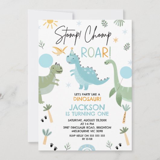 恐竜のパーティーのような青い緑の誕生日 招待状 (正面)