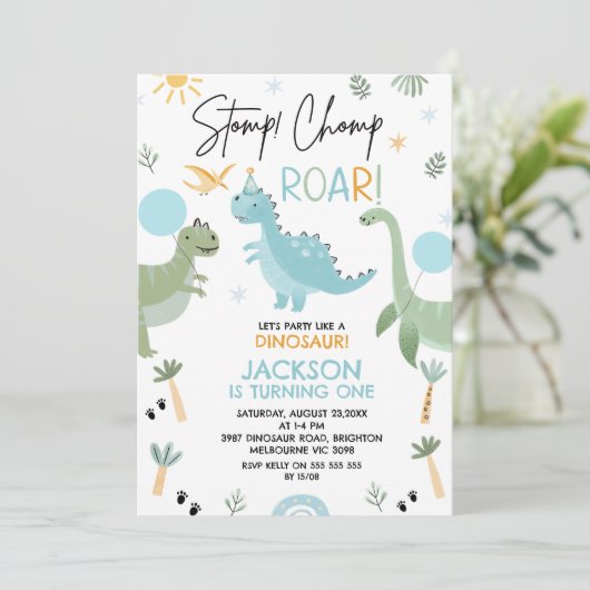恐竜のパーティーのような青い緑の誕生日 招待状 (スタンド正面)