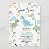 恐竜のパーティーのような青い緑の誕生日 招待状 (正面/裏面)