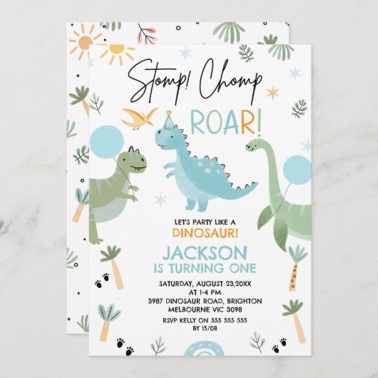 恐竜のパーティーのような青い緑の誕生日 招待状 (正面/裏面)