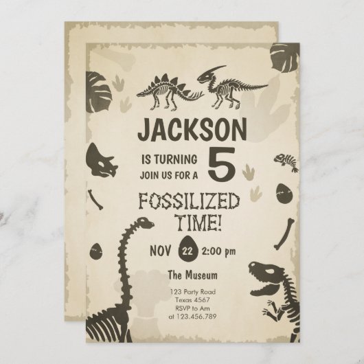 恐竜のパーティーボーイ化石ディノディグ誕生日 招待状 (正面/裏面)
