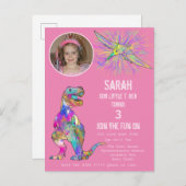 恐竜のパーティー女の子3rd誕生日フォトピンクDino インビテーションポストカード (正面/裏面)