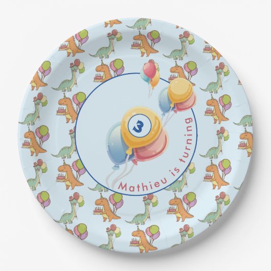恐竜のパーティー子供の誕生日青おもしろい ペーパープレート (正面)