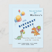 恐竜のパーティー子供の誕生日青おもしろい 招待状 (正面/裏面)