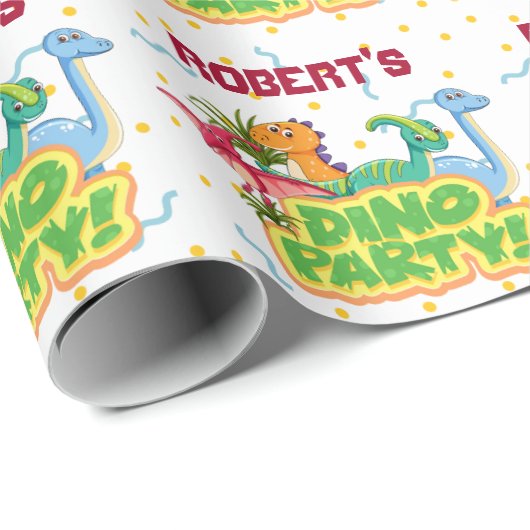 恐竜のパーティー時間の追加ネームボーイズ誕生日 ラッピングペーパー (ロールコーナー)