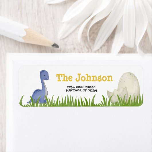 恐竜のパーティー紫色の黄色の水彩住所 ラベル (インサイチュ)