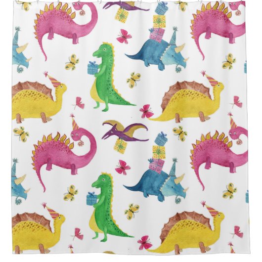 恐竜のパーティー:水彩パターン。 シャワーカーテン (正面)