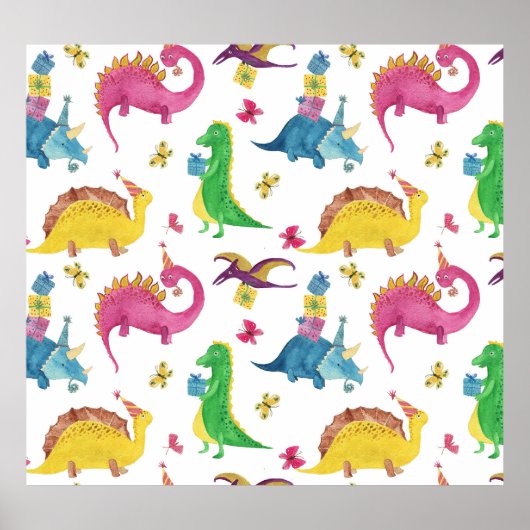 恐竜のパーティー：水彩パターン。 ポスター (正面)
