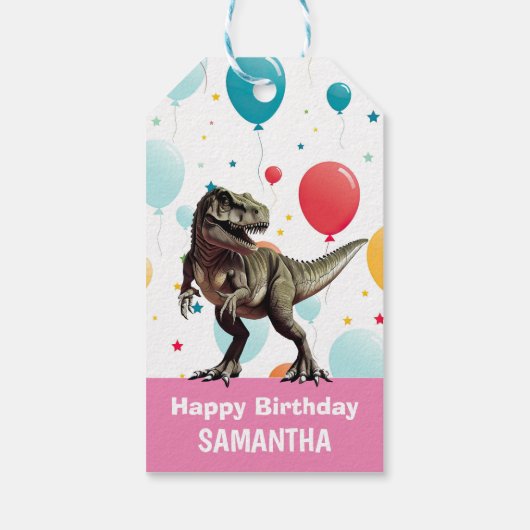 恐竜のピンクのパーティーバルーン ギフトタグ (裏面)