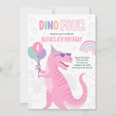 恐竜のピンクのT-Rex 4歳の誕生日パーティー 招待状 (正面)