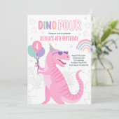 恐竜のピンクのT-Rex 4歳の誕生日パーティー 招待状 (スタンド正面)