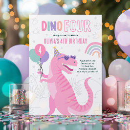 恐竜のピンクのT-Rex 4歳の誕生日パーティー 招待状
