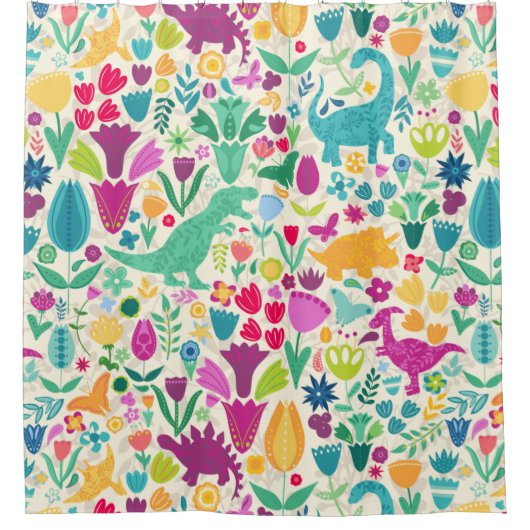 恐竜のフローラフォークシルエット美しい少女 シャワーカーテン (正面)