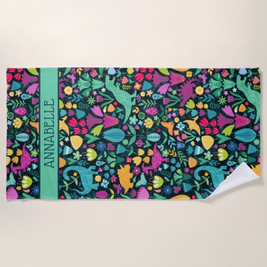 恐竜のフローラフォークシルエット美しい少女 ビーチタオル (正面)