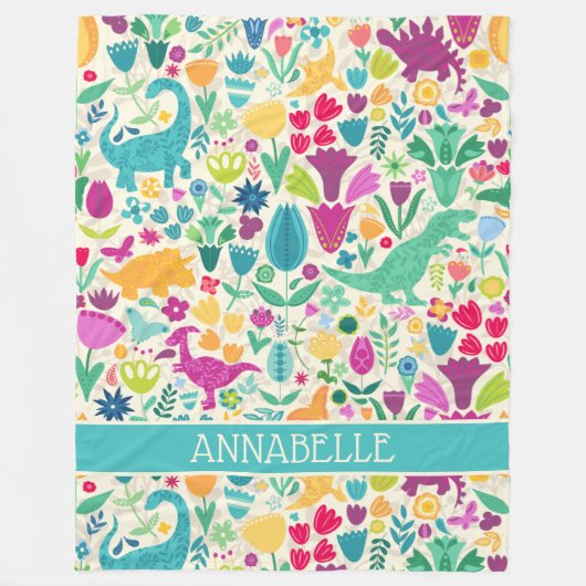 恐竜のフローラフォークシルエット美しい少女 フリースブランケット (正面)