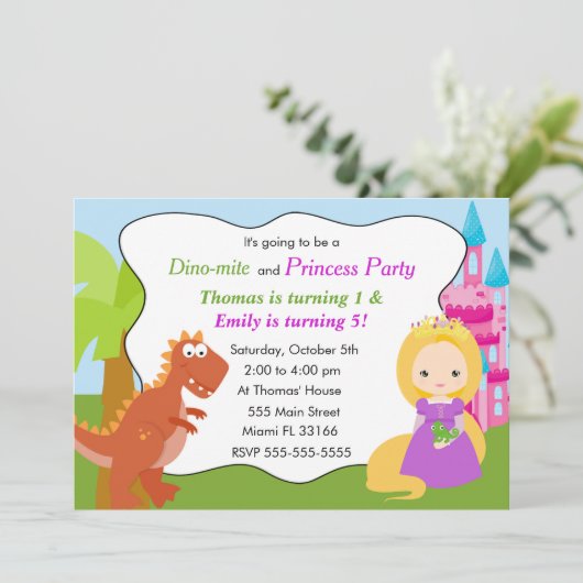 恐竜のプリンセスの招待状の子供の誕生日のパーティー1 招待状 (スタンド正面)