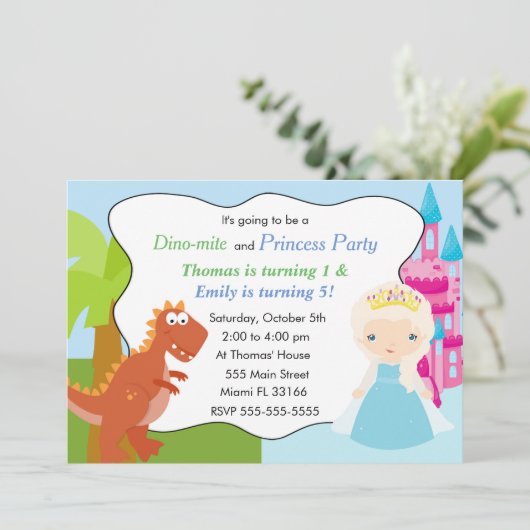 恐竜のプリンセスの招待状の子供の誕生日のパーティー3 招待状 (スタンド正面)