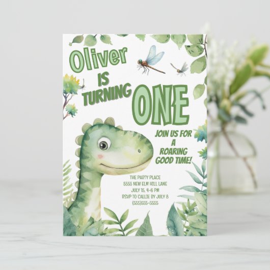 恐竜のベビーの最初の誕生日は明るい時 招待状 (スタンド正面)