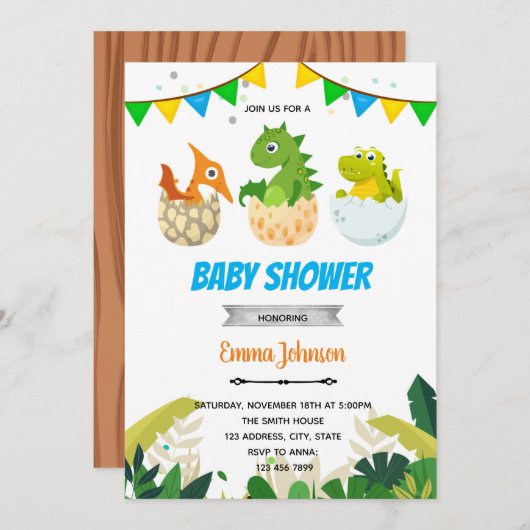 恐竜のベビーシャワーの招待状 サンキューカード (正面/裏面)