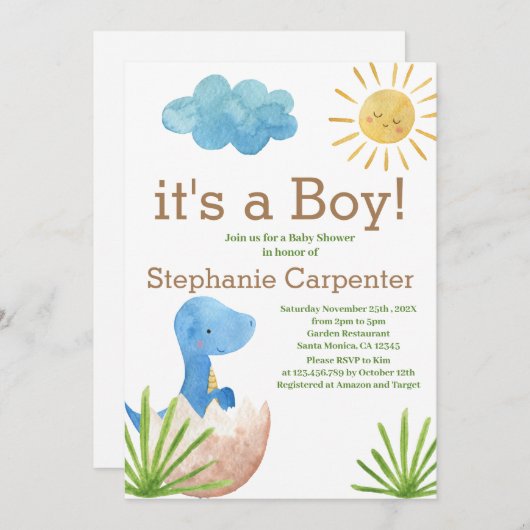 恐竜のベビーシャワーボーイ招待状 招待状 (正面/裏面)