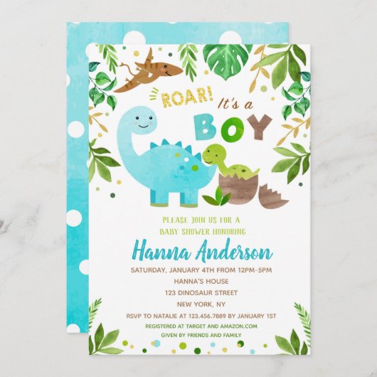 恐竜のベビーシャワー招待状 赤ちゃん男の子恐竜 招待状 (正面/裏面)