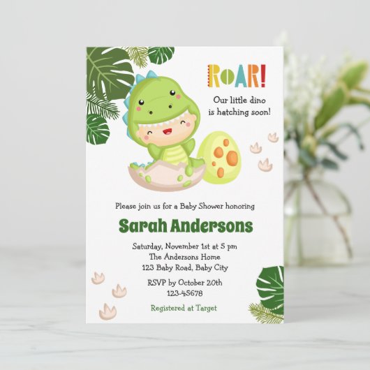 恐竜のベビーシャワー招待状ROARかわいいディノ 招待状 (スタンド正面)