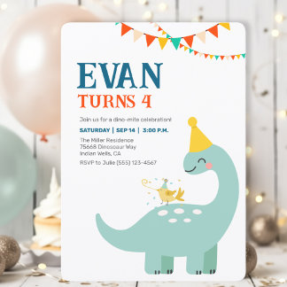 恐竜のミニマルデザインの男の子の誕生日招待状 Dino 招待状