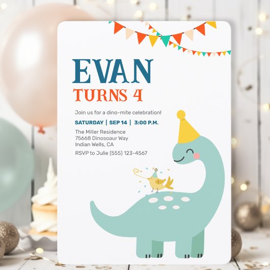 恐竜のミニマルデザインの男の子の誕生日招待状 Dino 招待状